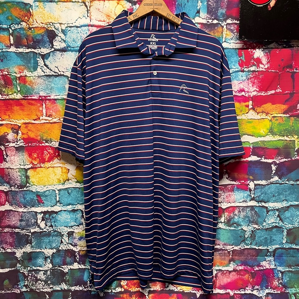 Rhoback Men’s 2XL Golf Polo Shirt Red, White, Blue Stripe Stretch Breathable